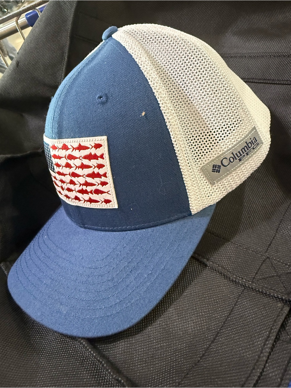 Columbia Blue and White Mesh Trucker Hat with Red Fish Patch